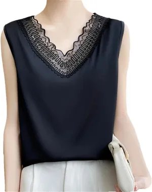 Lace Camisole Vest for Women's Pullover, V-Neck, Loose Fit, Oversized Silk Satin, Sleeveless Top