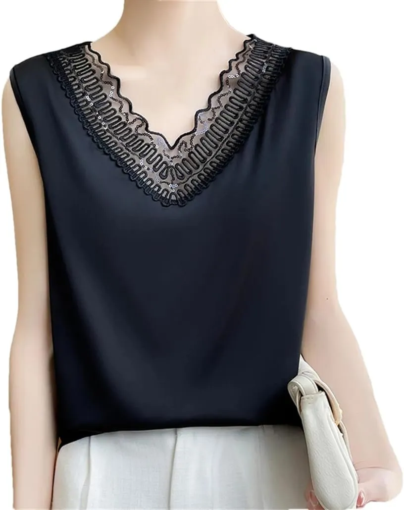 Lace Camisole Vest for Women's Pullover, V-Neck, Loose Fit, Oversized Silk Satin, Sleeveless Top