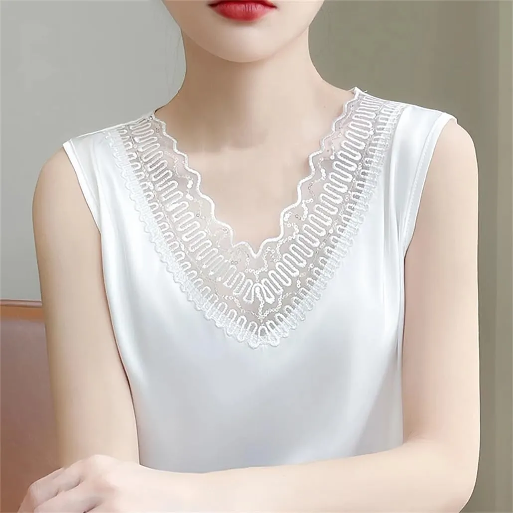 Lace Camisole Vest for Women's Pullover, V-Neck, Loose Fit, Oversized Silk Satin, Sleeveless Top