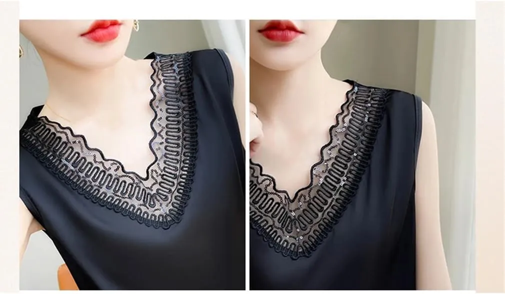 Lace Camisole Vest for Women's Pullover, V-Neck, Loose Fit, Oversized Silk Satin, Sleeveless Top