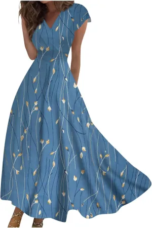 Ladies Sexy Vintage Dresses Bohemian Summer Maxi Loose Fit 2025 V Neck Short Sleeve Daily A Line Loose Fit Party Dress