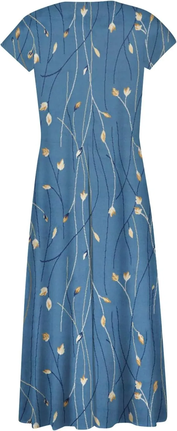 Ladies Sexy Vintage Dresses Bohemian Summer Maxi Loose Fit 2025 V Neck Short Sleeve Daily A Line Loose Fit Party Dress