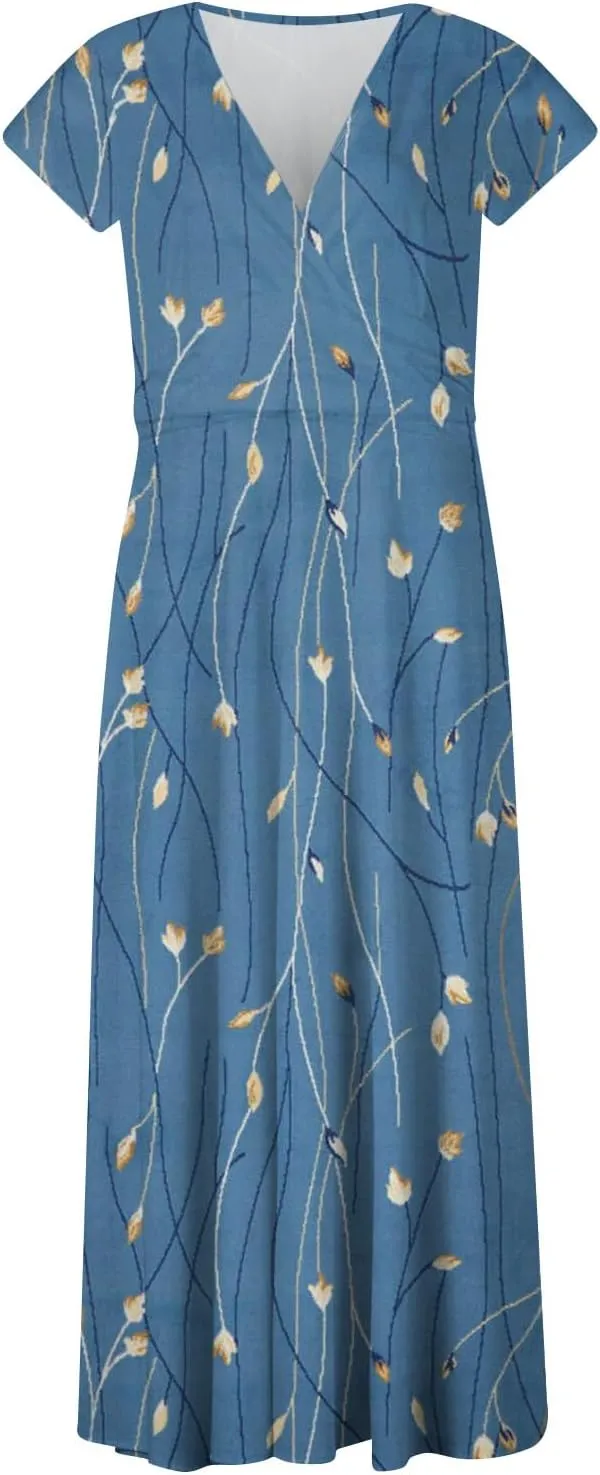 Ladies Sexy Vintage Dresses Bohemian Summer Maxi Loose Fit 2025 V Neck Short Sleeve Daily A Line Loose Fit Party Dress
