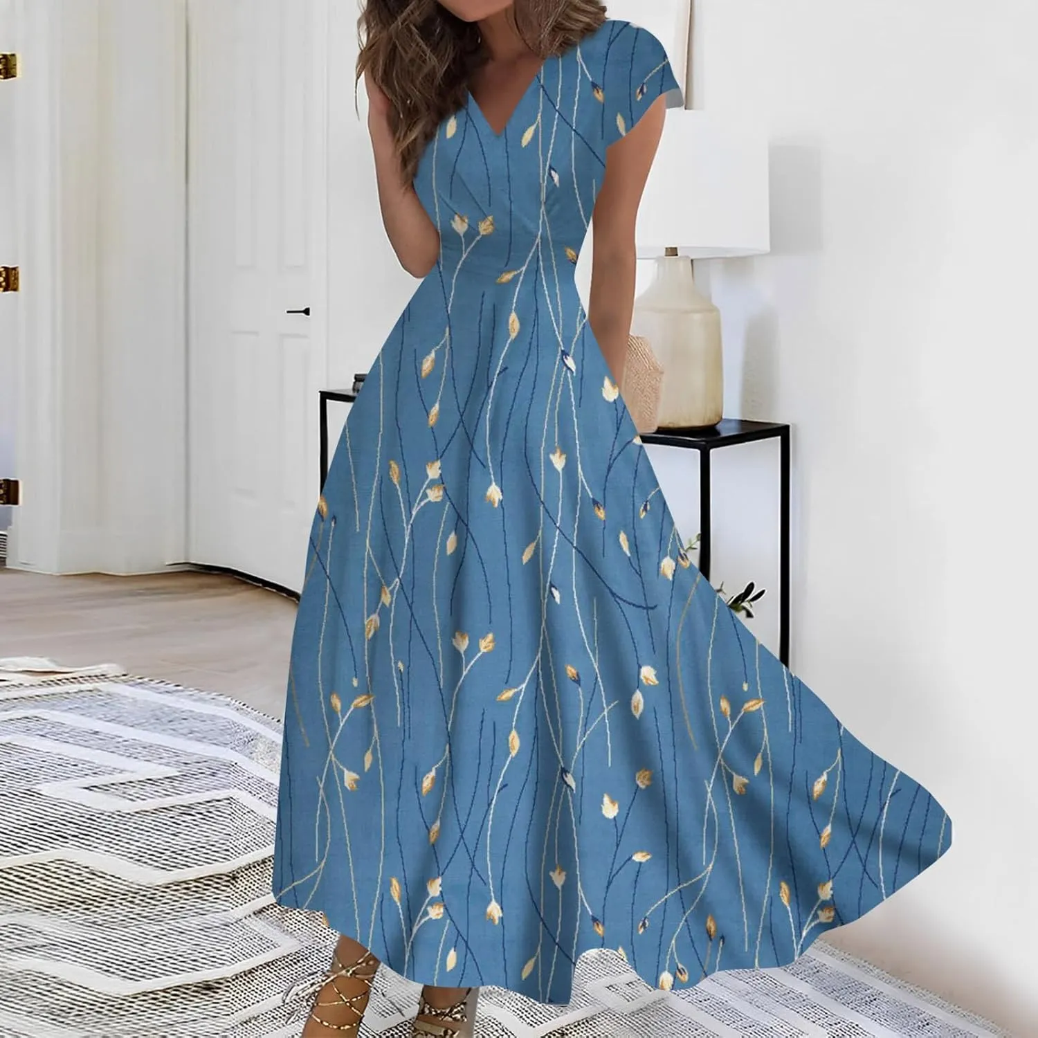 Ladies Sexy Vintage Dresses Bohemian Summer Maxi Loose Fit 2025 V Neck Short Sleeve Daily A Line Loose Fit Party Dress