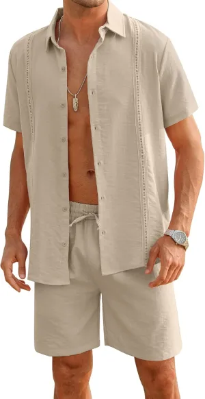LecGee Linen Sets For Men Button Down Cuban Guayabera Shirt Shorts Set 2 Piece Linen Outfits