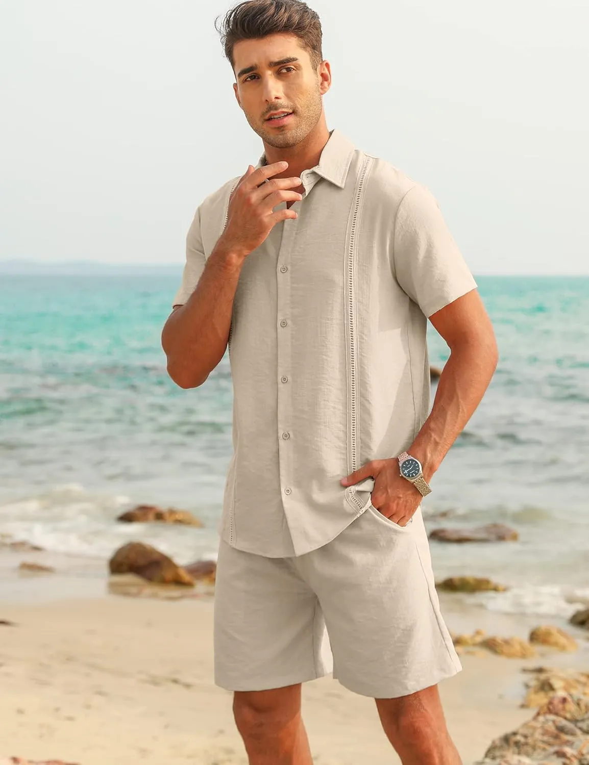 LecGee Linen Sets For Men Button Down Cuban Guayabera Shirt Shorts Set 2 Piece Linen Outfits