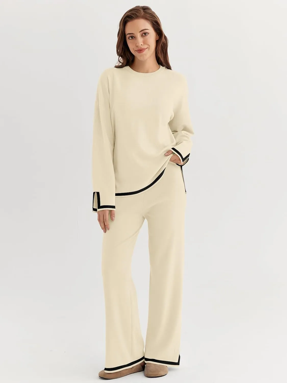 LILLUSORY Women Fall 2 Piece Lounge Set Outfits Sweatsuits Long Sleeve Sweater Tops Wide Leg Pants