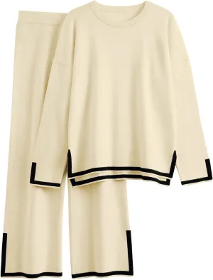 LILLUSORY Women Fall 2 Piece Lounge Set Outfits Sweatsuits Long Sleeve Sweater Tops Wide Leg Pants