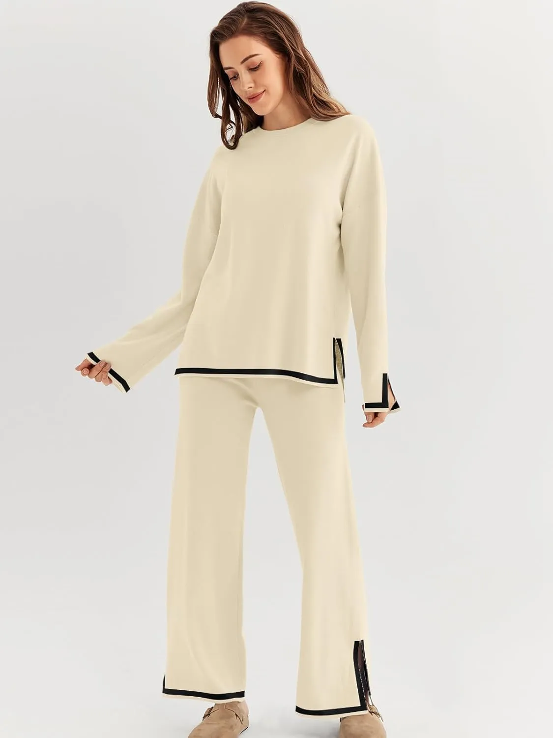 LILLUSORY Women Fall 2 Piece Lounge Set Outfits Sweatsuits Long Sleeve Sweater Tops Wide Leg Pants