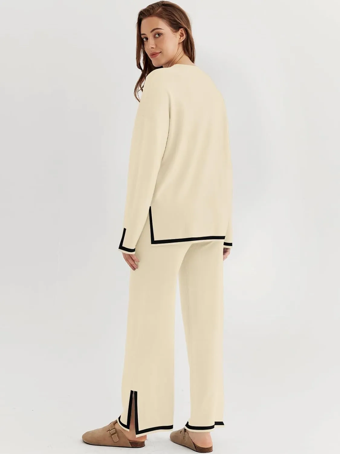 LILLUSORY Women Fall 2 Piece Lounge Set Outfits Sweatsuits Long Sleeve Sweater Tops Wide Leg Pants