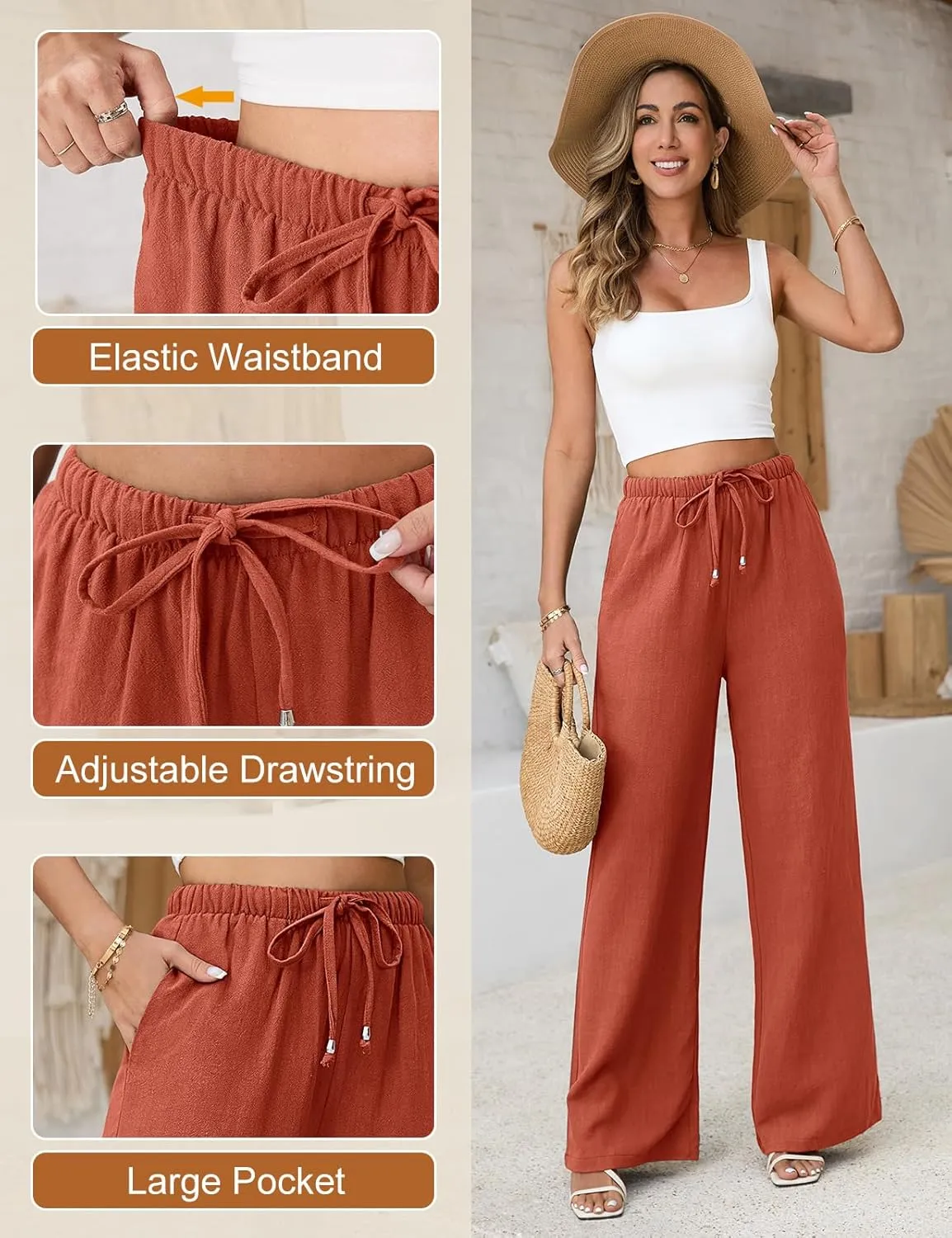 Linen Pants for Women Flowy Palazzo Pants Boho High Waist Wide Leg Trousers Summer Beach Vacation Outfits 2025