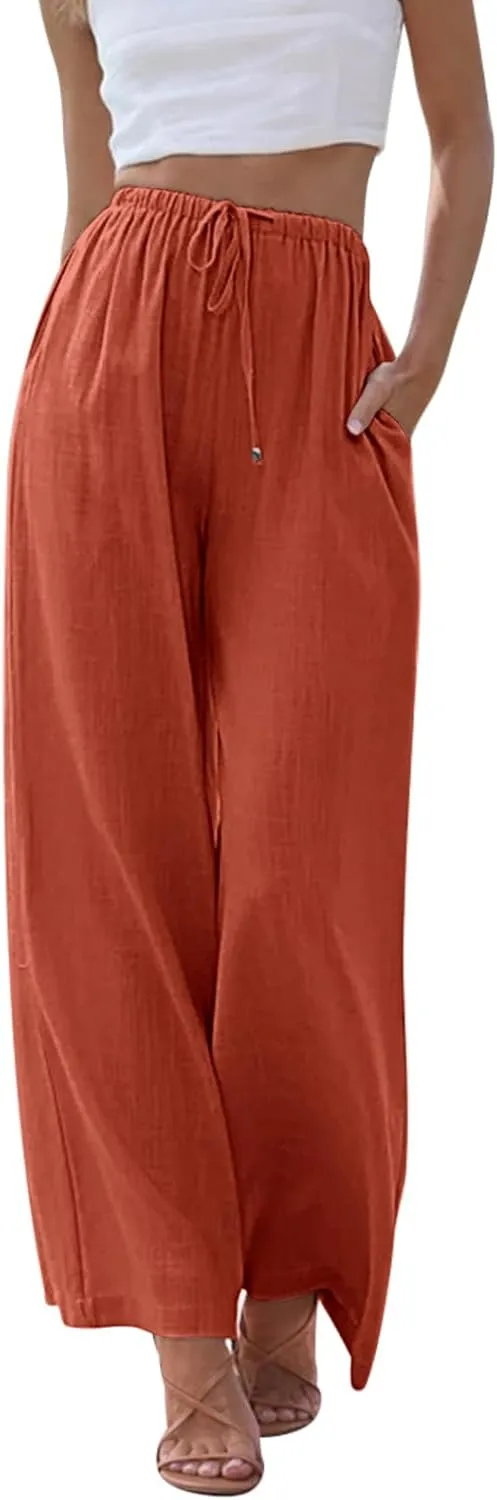 Linen Pants for Women Flowy Palazzo Pants Boho High Waist Wide Leg Trousers Summer Beach Vacation Outfits 2025
