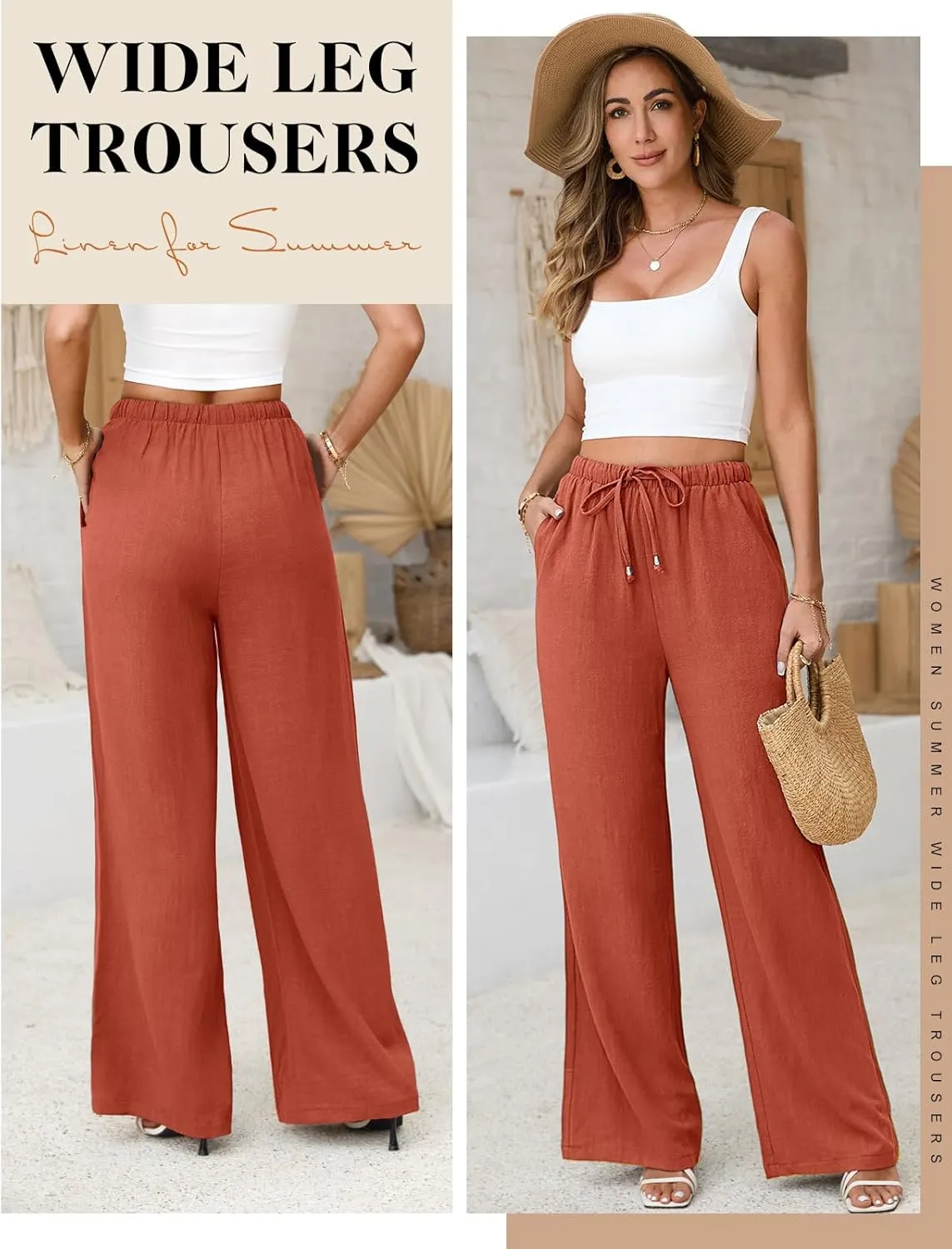 Linen Pants for Women Flowy Palazzo Pants Boho High Waist Wide Leg Trousers Summer Beach Vacation Outfits 2025