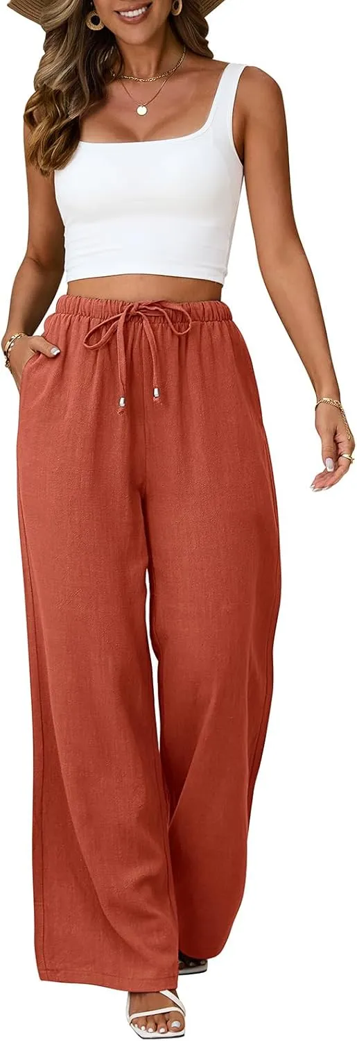 Linen Pants for Women Flowy Palazzo Pants Boho High Waist Wide Leg Trousers Summer Beach Vacation Outfits 2025