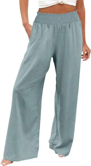 Linen Pants Women Elastic High Waisted Wide Leg Boho Palazzo Capri Pants Lounge Summer Harem Work Pants Trousers 2025
