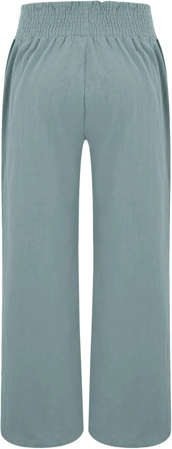 Linen Pants Women Elastic High Waisted Wide Leg Boho Palazzo Capri Pants Lounge Summer Harem Work Pants Trousers 2025