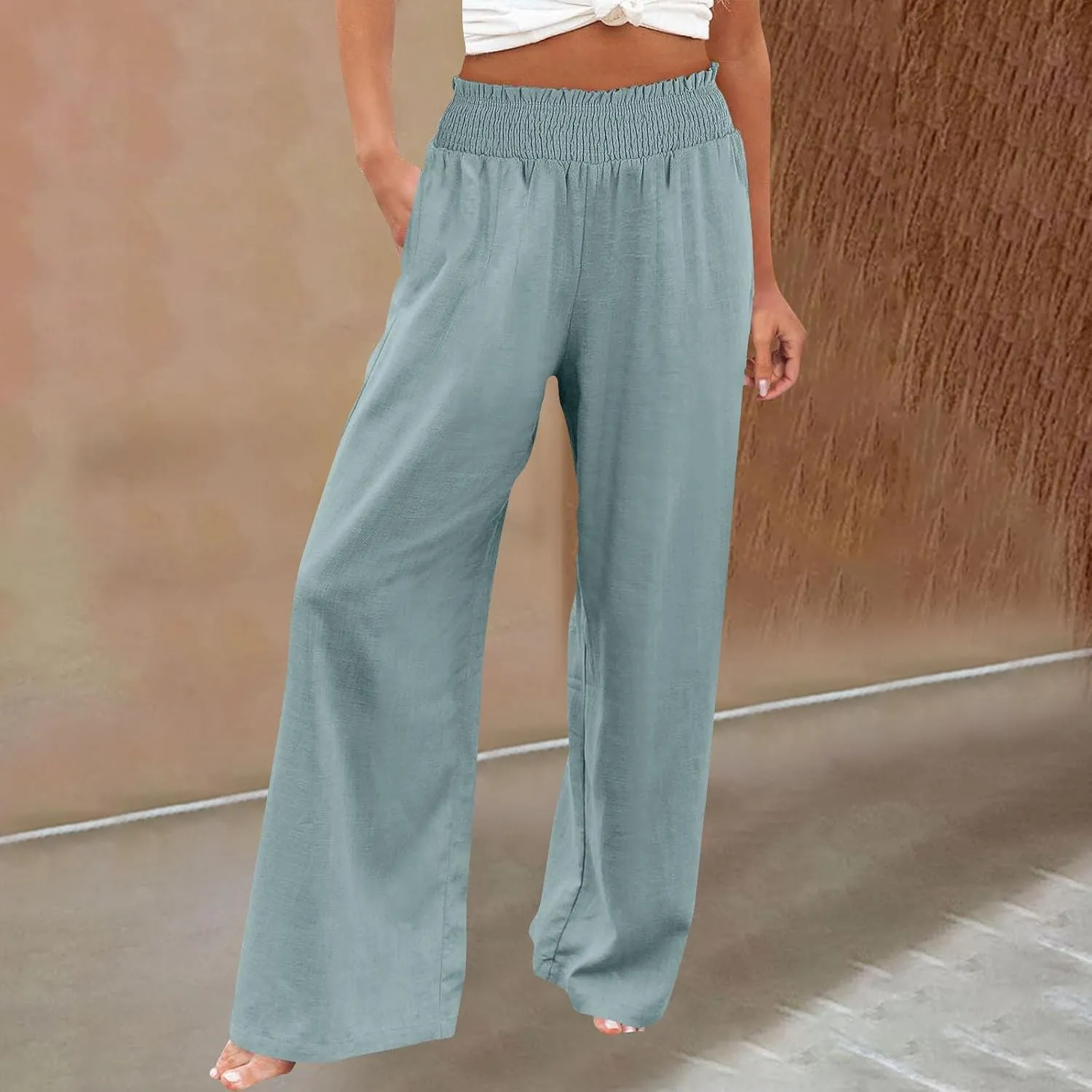 Linen Pants Women Elastic High Waisted Wide Leg Boho Palazzo Capri Pants Lounge Summer Harem Work Pants Trousers 2025