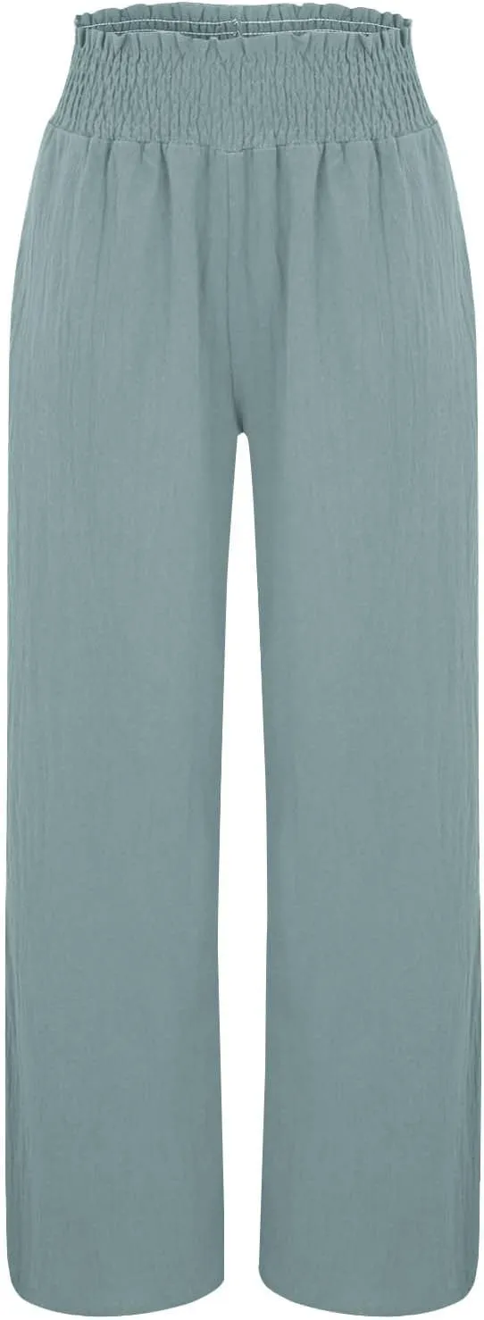 Linen Pants Women Elastic High Waisted Wide Leg Boho Palazzo Capri Pants Lounge Summer Harem Work Pants Trousers 2025