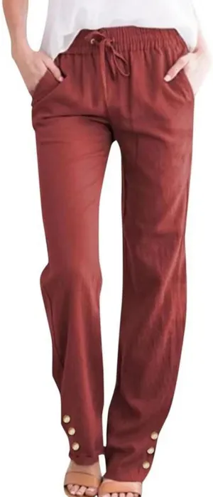 Linen Pants Women Elastic Waist Straight Leg Drawstring Lounge Capri Pants Casual Summer Work Pants Trousers 2025