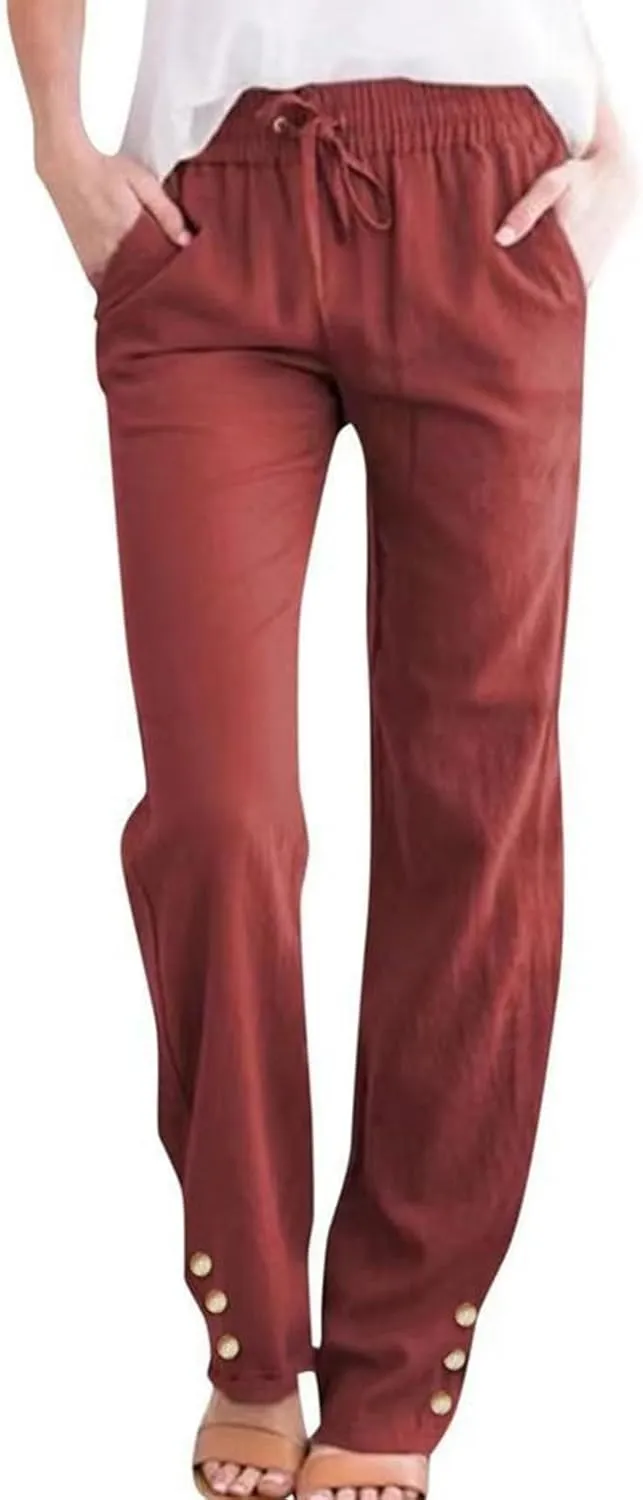 Linen Pants Women Elastic Waist Straight Leg Drawstring Lounge Capri Pants Casual Summer Work Pants Trousers 2025