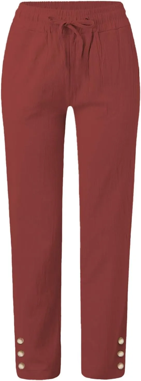 Linen Pants Women Elastic Waist Straight Leg Drawstring Lounge Capri Pants Casual Summer Work Pants Trousers 2025
