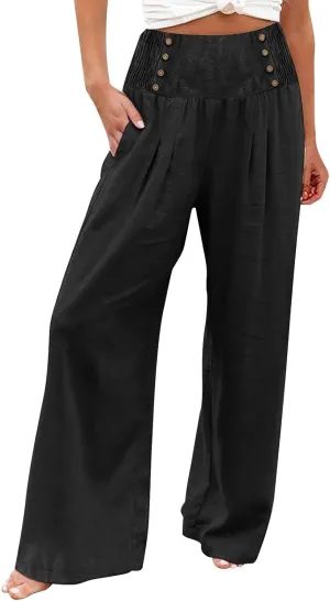 Linen Pants Women Summer Wide Leg Cotton Casual Trousers Loose Elastic Waist Button Pants with Pockets 2024