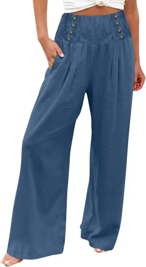 Linen Pants Women Summer Wide Leg Cotton Casual Trousers Loose Elastic Waist Button Pants with Pockets 2024