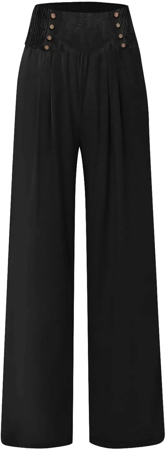 Linen Pants Women Summer Wide Leg Cotton Casual Trousers Loose Elastic Waist Button Pants with Pockets 2024