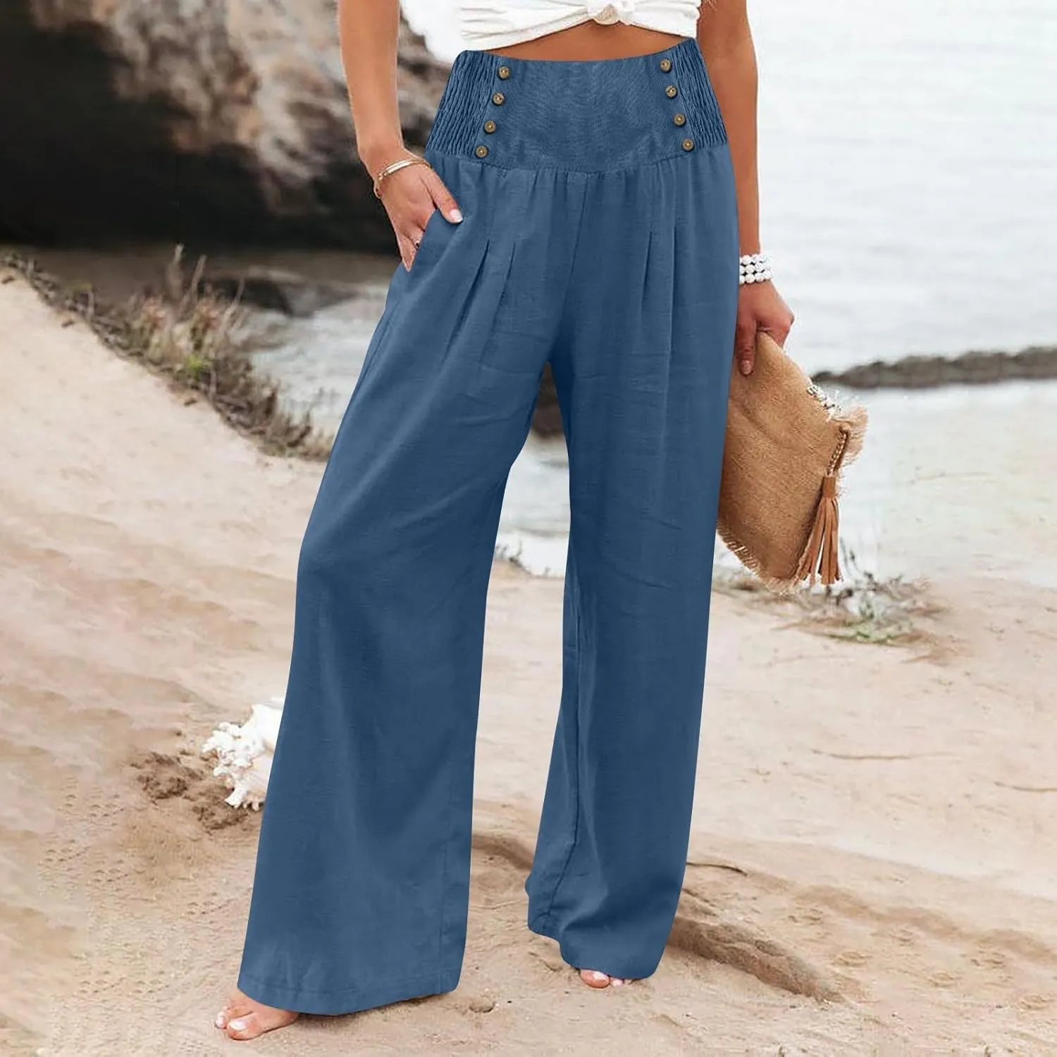 Linen Pants Women Summer Wide Leg Cotton Casual Trousers Loose Elastic Waist Button Pants with Pockets 2024