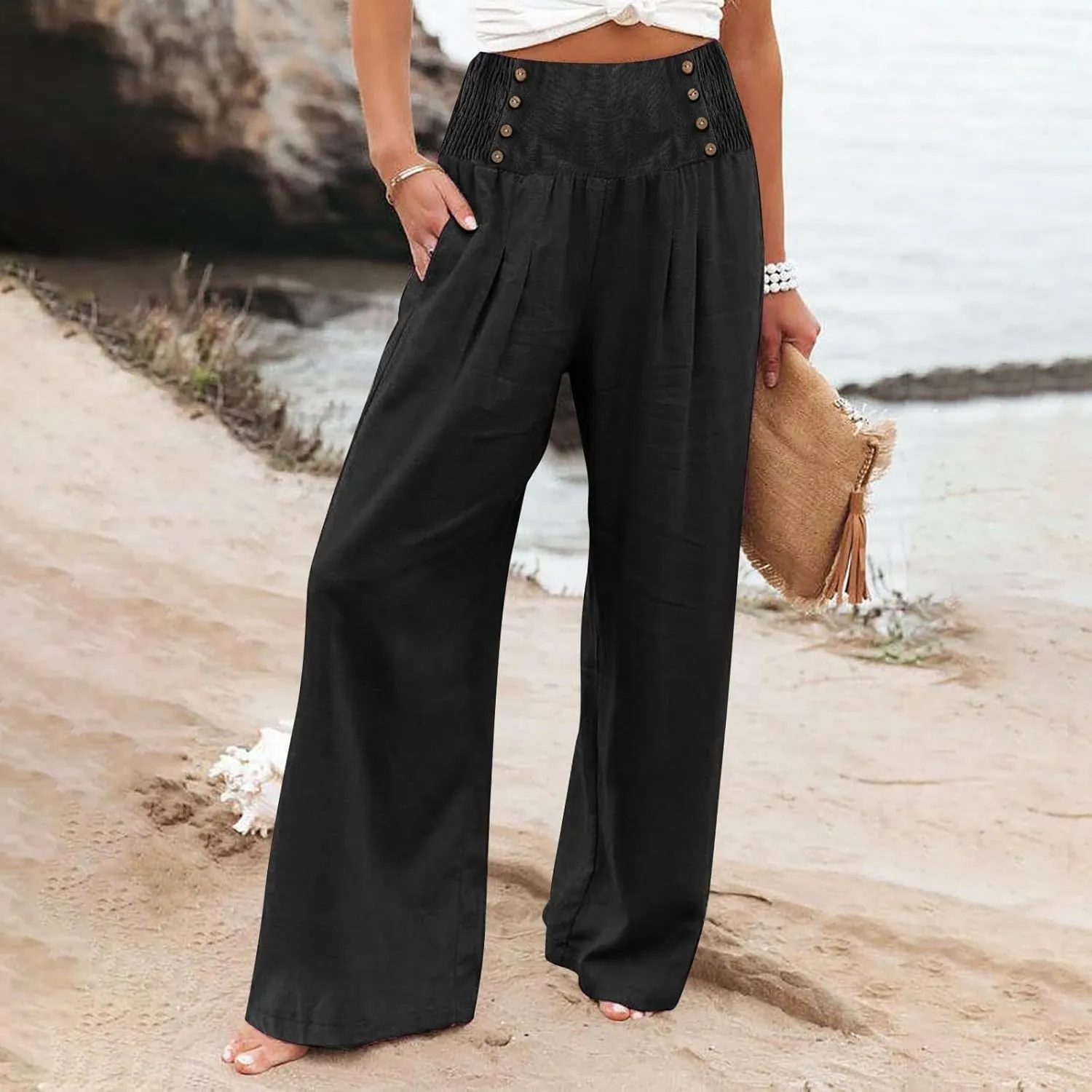 Linen Pants Women Summer Wide Leg Cotton Casual Trousers Loose Elastic Waist Button Pants with Pockets 2024
