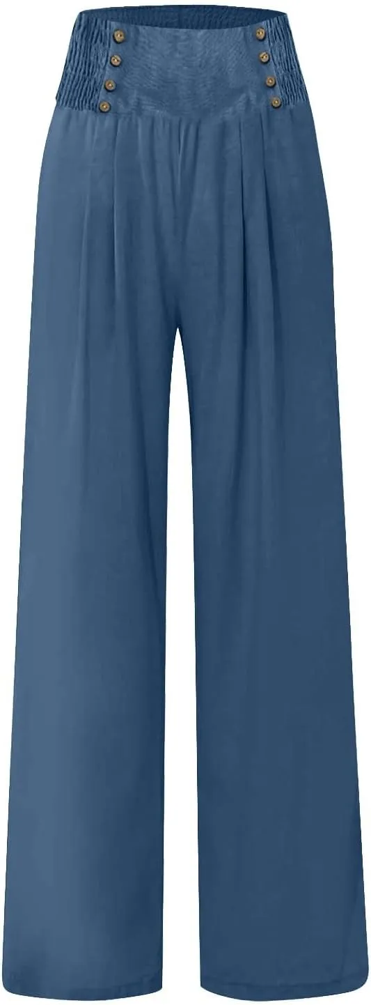Linen Pants Women Summer Wide Leg Cotton Casual Trousers Loose Elastic Waist Button Pants with Pockets 2024