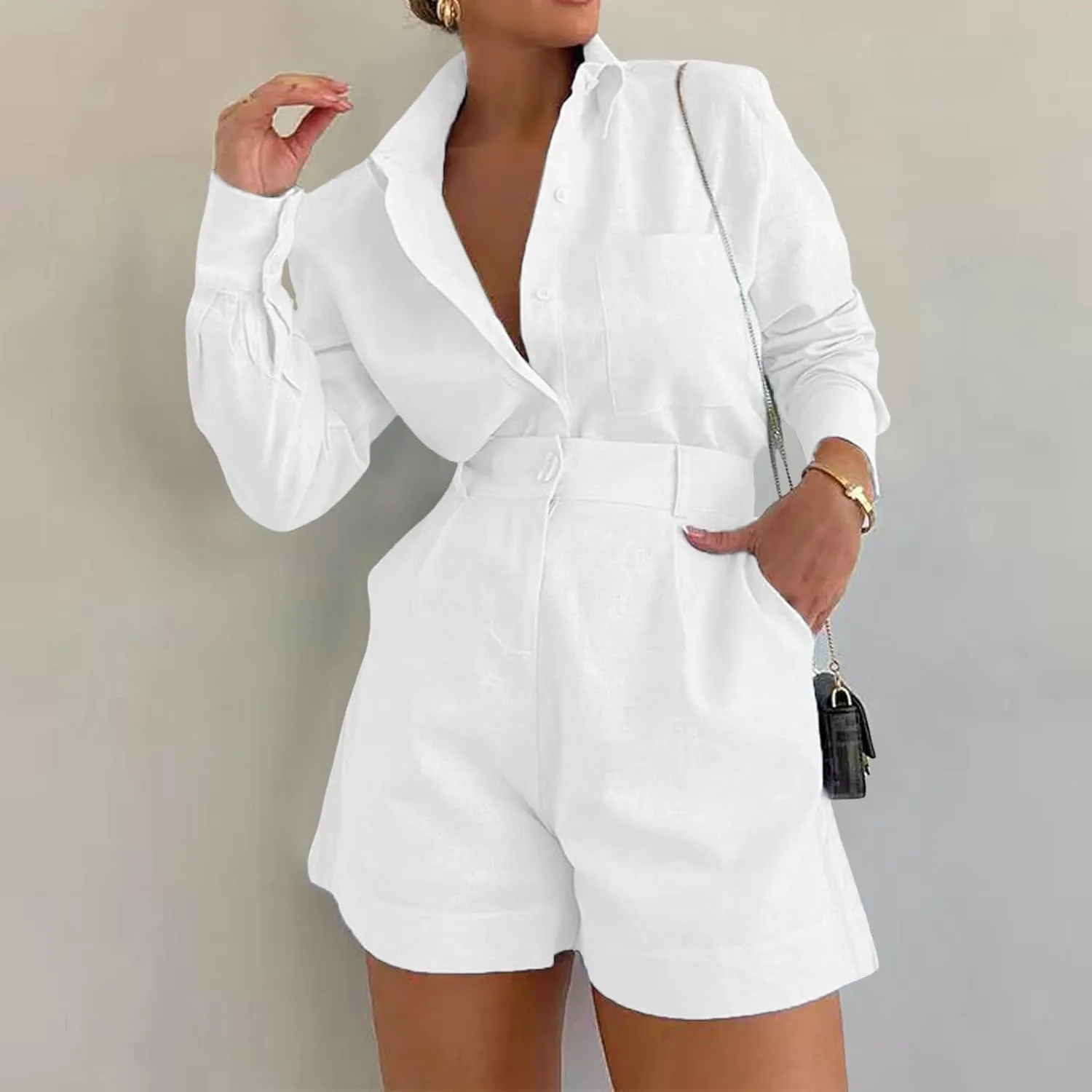 Linen Set for Women 2 Piece Short Sleeve Button down Blouse and Shorts Matching Sweatsuit Sets Fashion Trendy Clothes