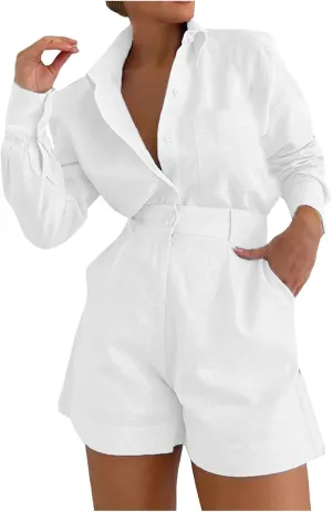 Linen Set for Women 2 Piece Short Sleeve Button down Blouse and Shorts Matching Sweatsuit Sets Fashion Trendy Clothes