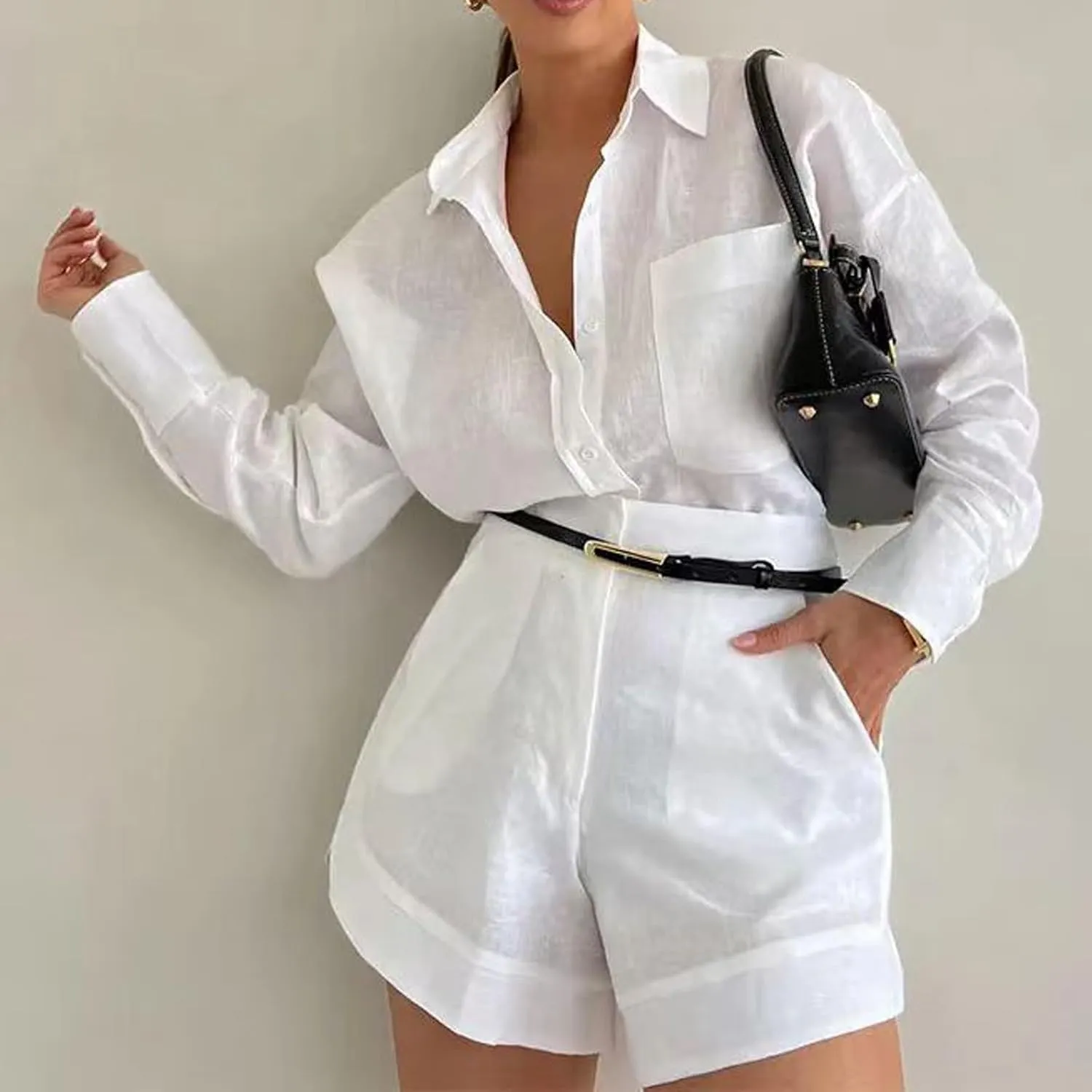 Linen Set for Women 2 Piece Short Sleeve Button down Blouse and Shorts Matching Sweatsuit Sets Fashion Trendy Clothes