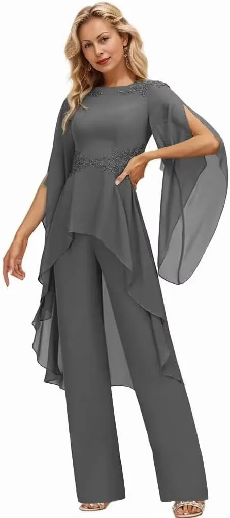 Long Sleeve Chiffon Mother of The Bride Pant Suits for Wedding Lace 2 Pieces Formal Evening Pantsuits for Women
