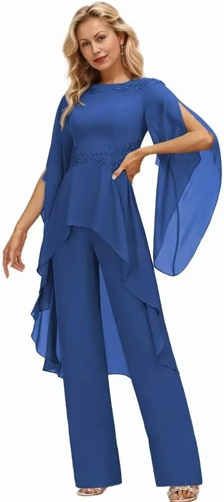 Long Sleeve Chiffon Mother of The Bride Pant Suits for Wedding Lace 2 Pieces Formal Evening Pantsuits for Women