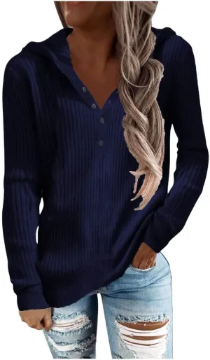 Long Sleeve Going Out Tops for Women Solid Button Hoodies Casual Comfy Fitted Sweat Shirts with Pockets