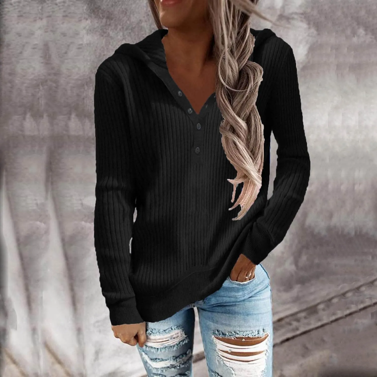 Long Sleeve Going Out Tops for Women Solid Button Hoodies Casual Comfy Fitted Sweat Shirts with Pockets