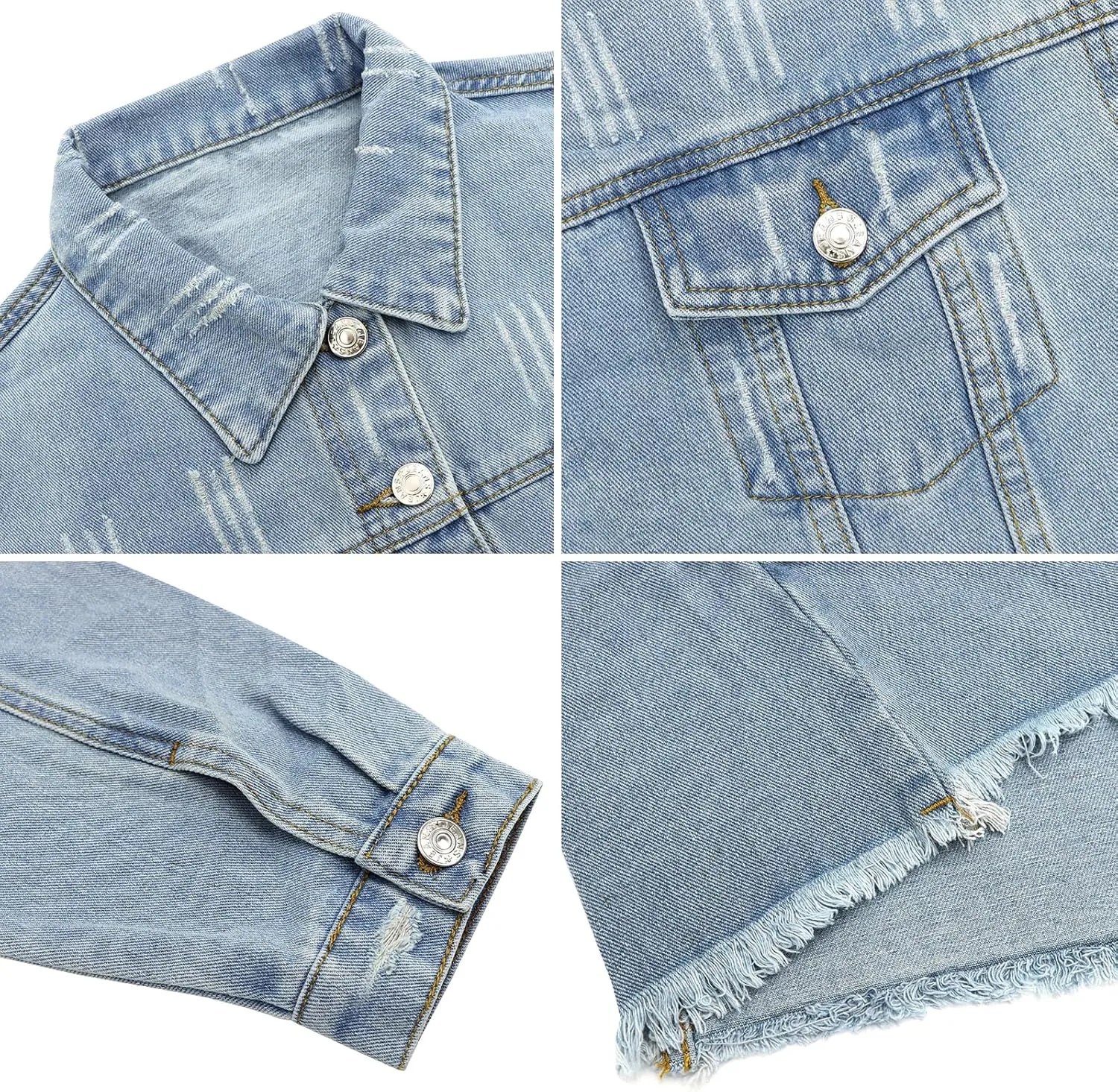 LONGYIDA Women's Cropped Denim Jacket | Distressed Button-Down Jean Jacket | Long Sleeve Ripped & Frayed Blue Coat