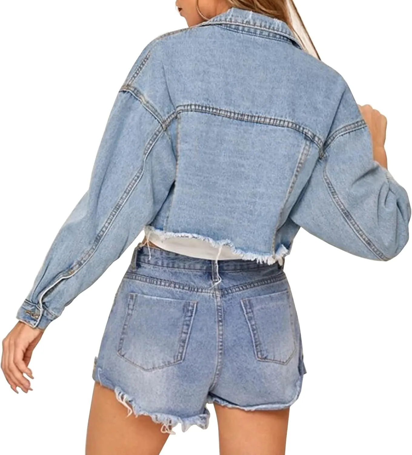 LONGYIDA Women's Cropped Denim Jacket | Distressed Button-Down Jean Jacket | Long Sleeve Ripped & Frayed Blue Coat