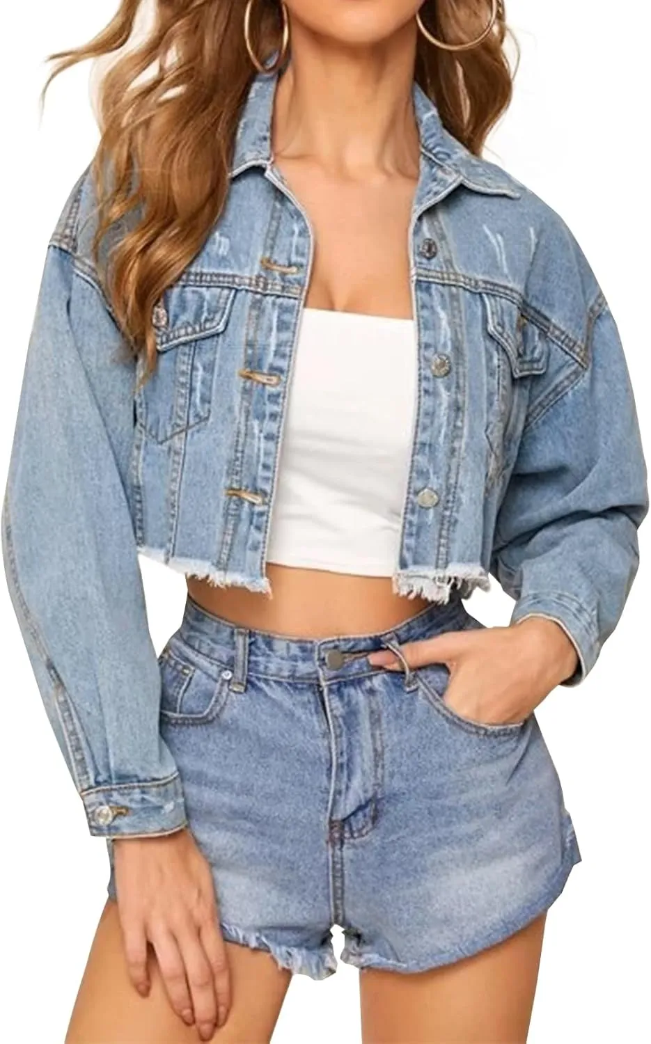 LONGYIDA Women's Cropped Denim Jacket | Distressed Button-Down Jean Jacket | Long Sleeve Ripped & Frayed Blue Coat