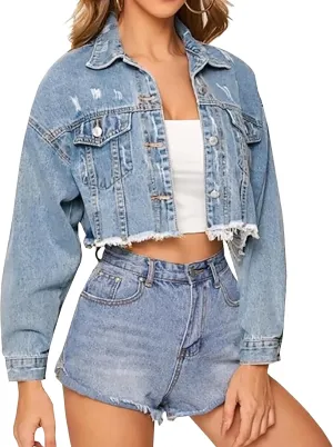 LONGYIDA Women's Cropped Denim Jacket | Distressed Button-Down Jean Jacket | Long Sleeve Ripped & Frayed Blue Coat