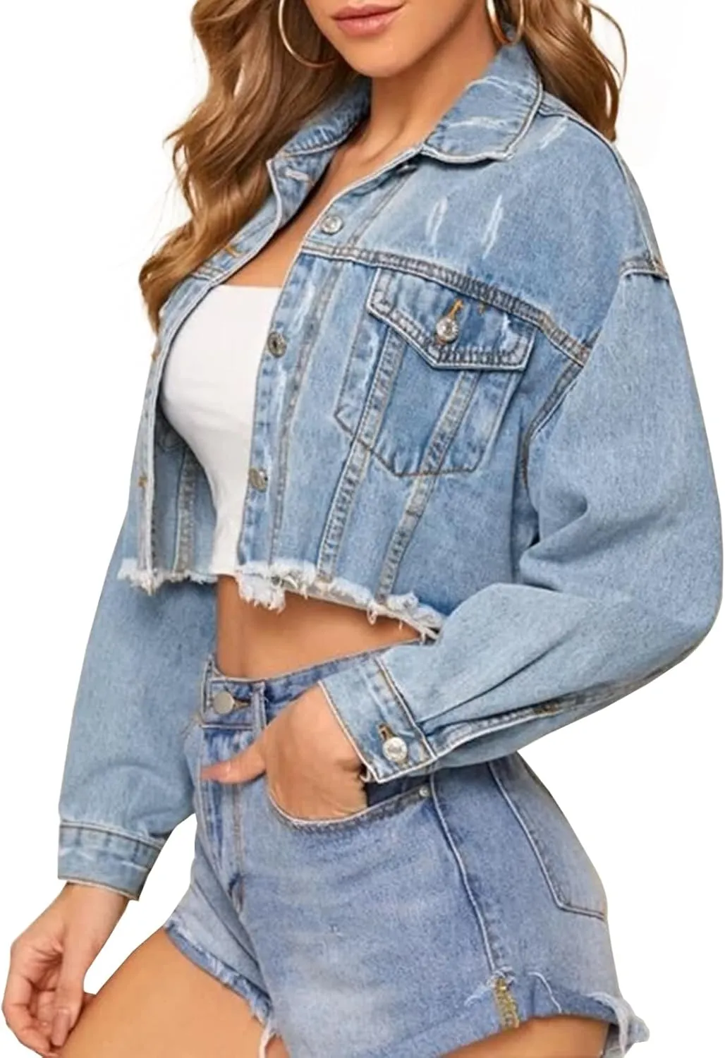 LONGYIDA Women's Cropped Denim Jacket | Distressed Button-Down Jean Jacket | Long Sleeve Ripped & Frayed Blue Coat