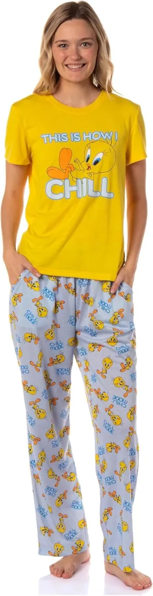 Looney Tunes Women's This Is How I Chill Tossed Tweety Bird Sleep Pajama Short Set