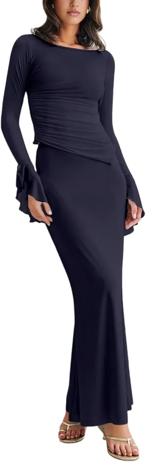 Lrady Womens 2 Piece Sets Long Sleeve Crewneck Cropped Top Slim High Waist Party Maxi Pencil Skirts Long Dress Outfits