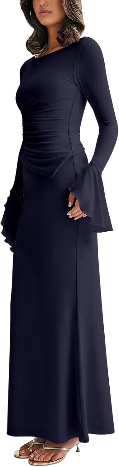 Lrady Womens 2 Piece Sets Long Sleeve Crewneck Cropped Top Slim High Waist Party Maxi Pencil Skirts Long Dress Outfits