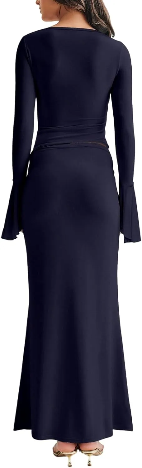 Lrady Womens 2 Piece Sets Long Sleeve Crewneck Cropped Top Slim High Waist Party Maxi Pencil Skirts Long Dress Outfits