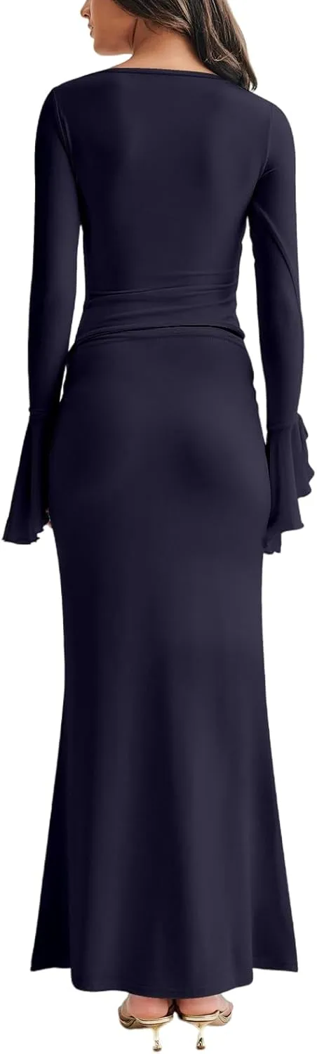 Lrady Womens 2 Piece Sets Long Sleeve Crewneck Cropped Top Slim High Waist Party Maxi Pencil Skirts Long Dress Outfits