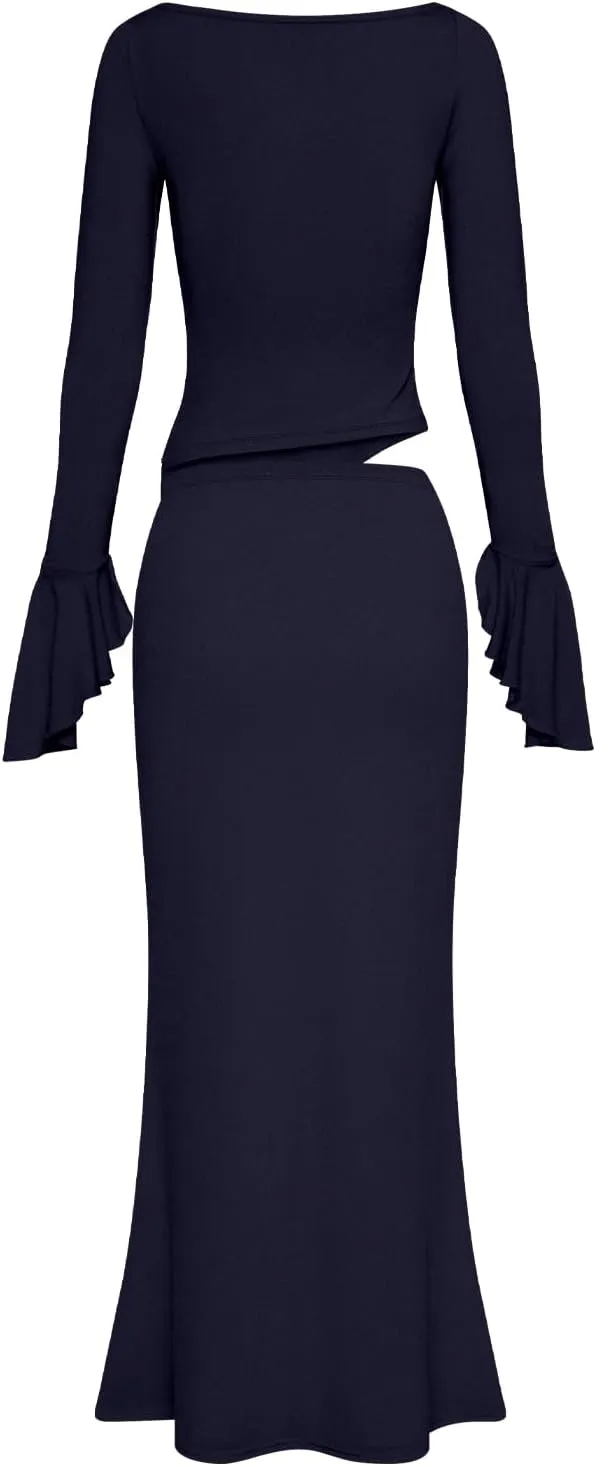 Lrady Womens 2 Piece Sets Long Sleeve Crewneck Cropped Top Slim High Waist Party Maxi Pencil Skirts Long Dress Outfits