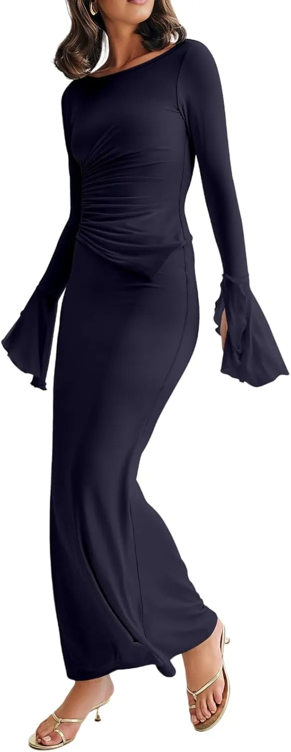 Lrady Womens 2 Piece Sets Long Sleeve Crewneck Cropped Top Slim High Waist Party Maxi Pencil Skirts Long Dress Outfits